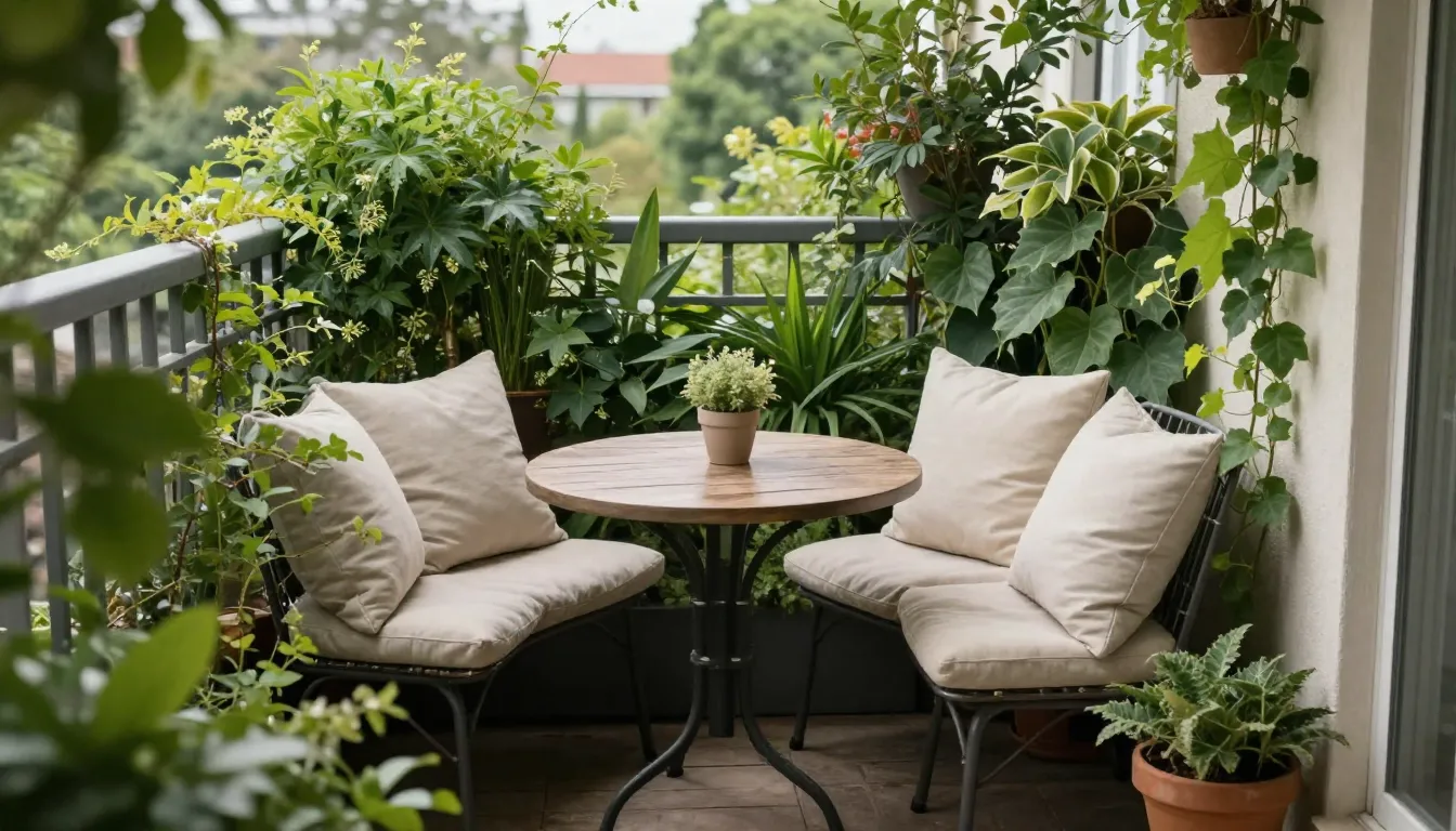 Beautiful balcony garden design with lush greenery and comfortable seating area