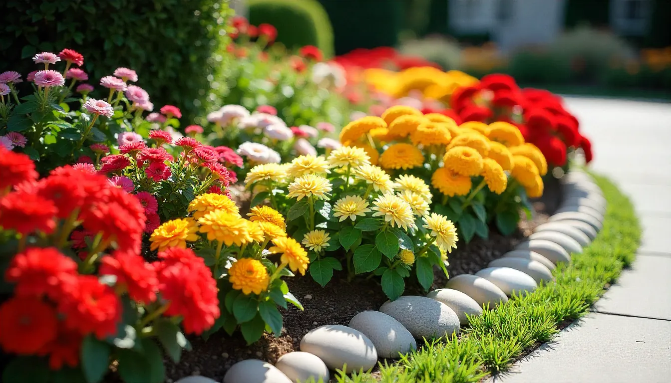 Colorful flower bed arrangement with seasonal blooms and decorative stones