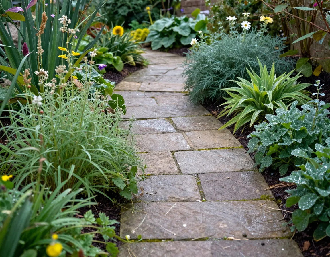 Small garden landscape with native plants and natural stone pathway